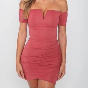 Tiger Mist Pink Off Shoulder Ruched Dress Medium